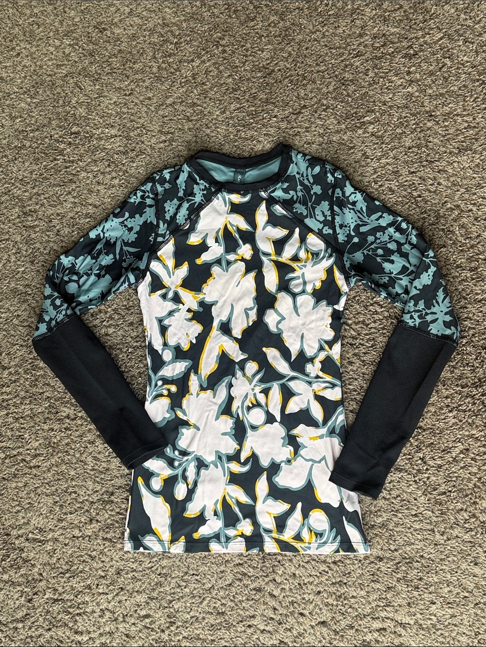 Maaji Black, White & Teal Floral Long-Sleeve swim sun shirt/surf shirt, M